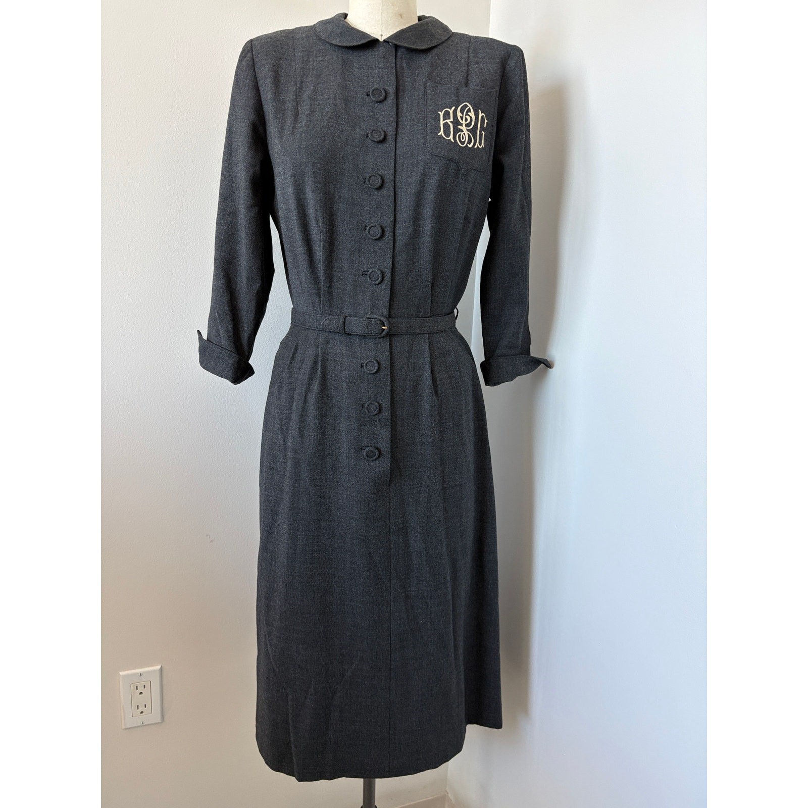 VTG 50s Custom Bespoke 100% Virgin Wool Dress Size S Monogrammed Heritage