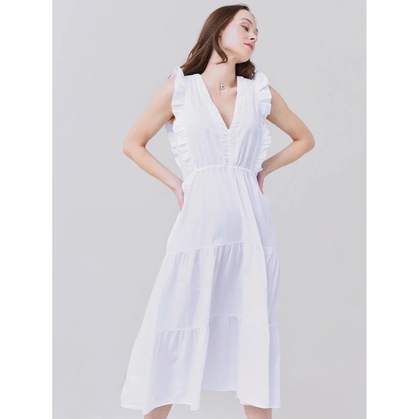 NWT STARK X White Cotton Ruffle Tiered Midi Dress | Size Small
