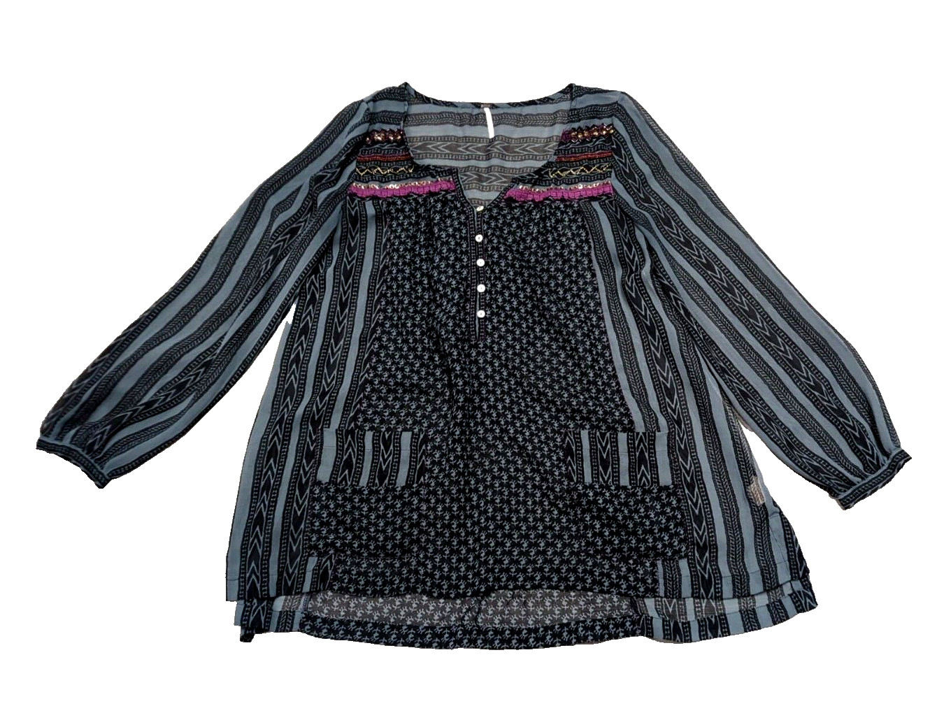 Free People Embroidered Beaded Dress Size M Mixed Print Sheer Smock Pockets