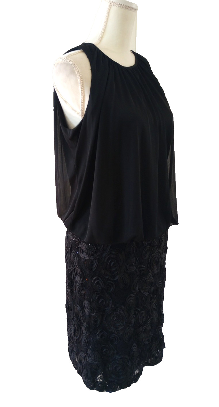 Blouson Dress Black Size 12 Sleeveless Textured Rosette Floral Holiday Party