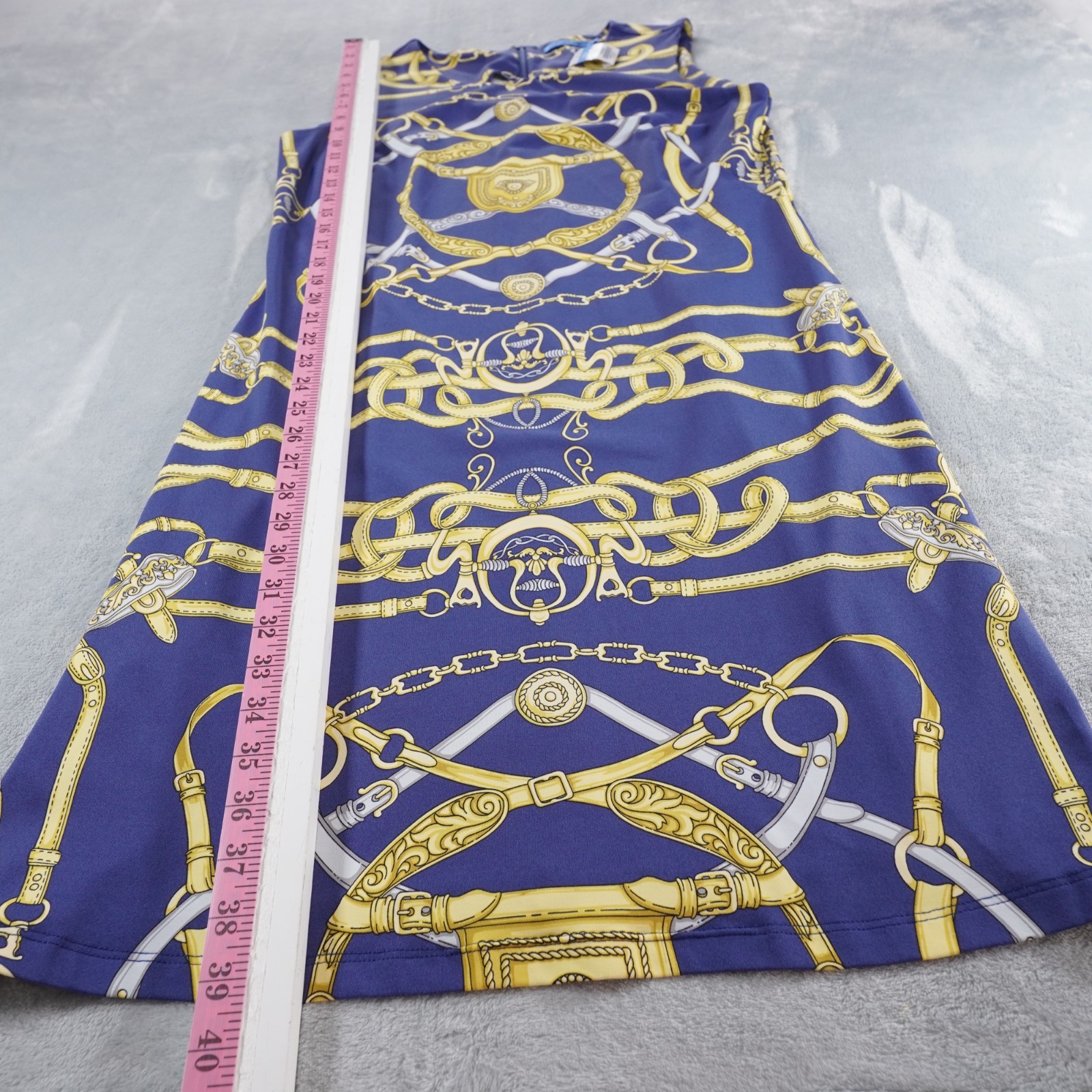 J McLaughlin Catalina Cloth Sofia Sheath Dress L Blue Chain Link Belt Print