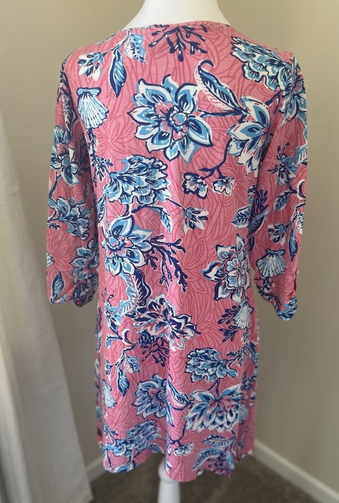 Caribbean Joe Dress 3/4 Rolled Sleeve Size Small Blue Pink Floral Cotton Blend