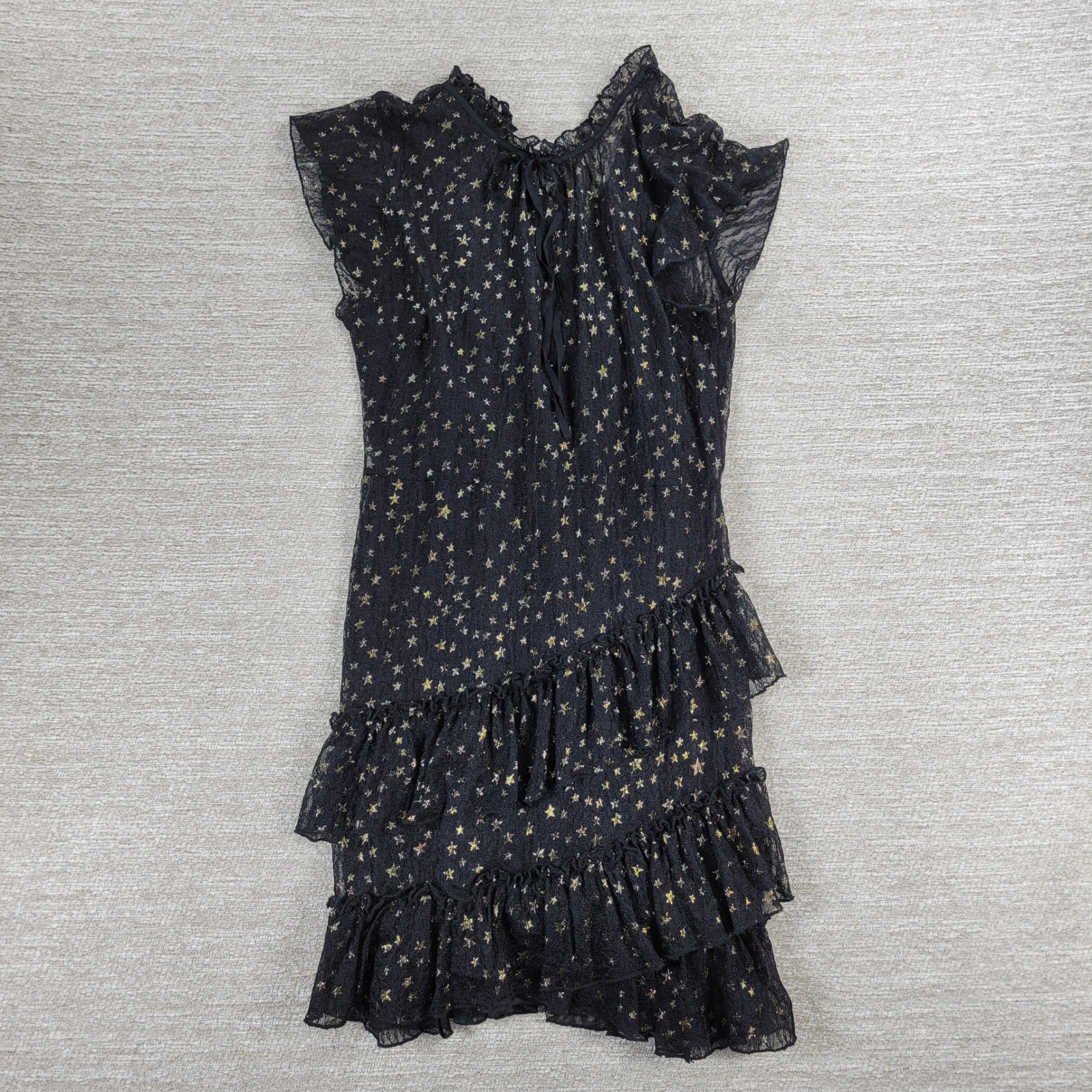 Lost + Wander Estella Metallic Ruffle Mini Dress S Black Sheer Celestial Stars