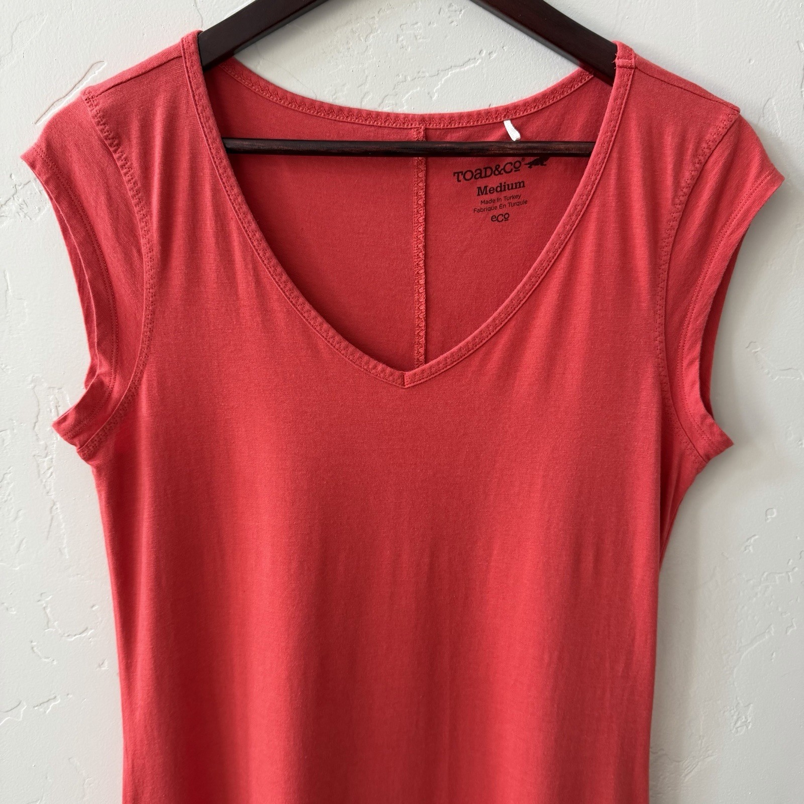 Toad & Co Muse Coral Midi Dress Womens Size M Organic Cotton Modal Ruched Casual