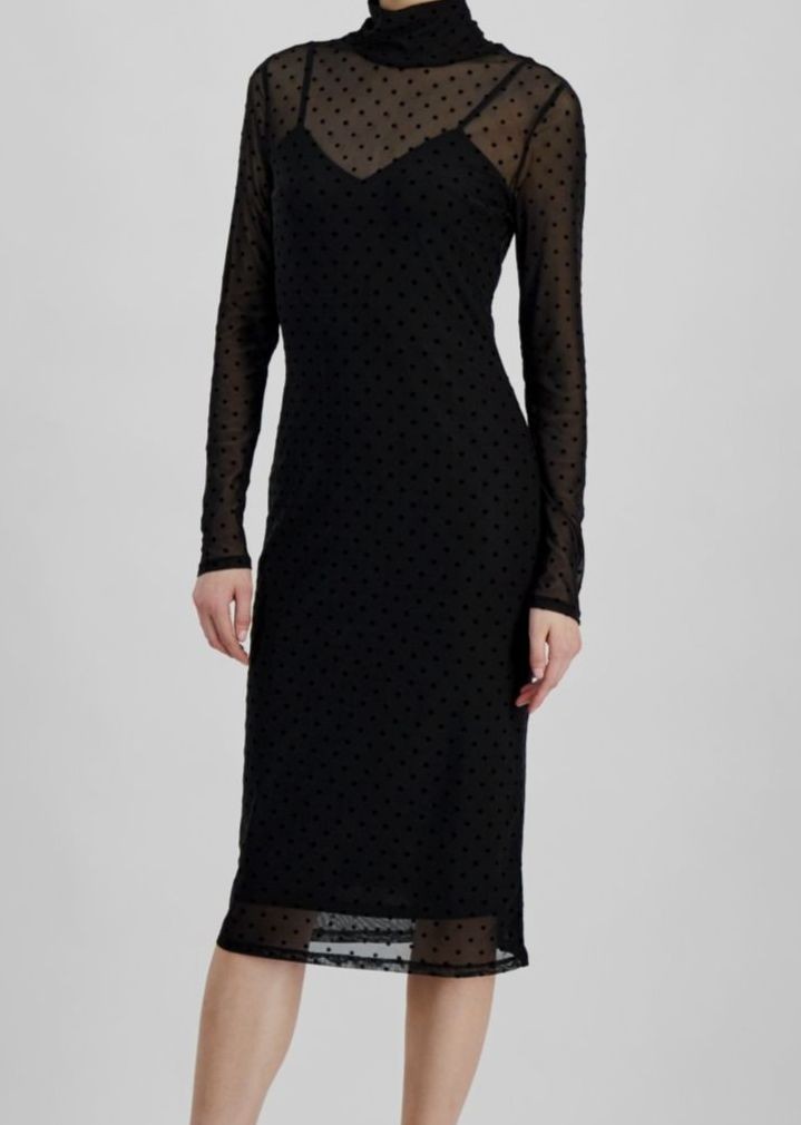 Rachel Rachel Roy Women’s Black Lydie Dotted-Mesh Mock-Neck Dress Sz-XL