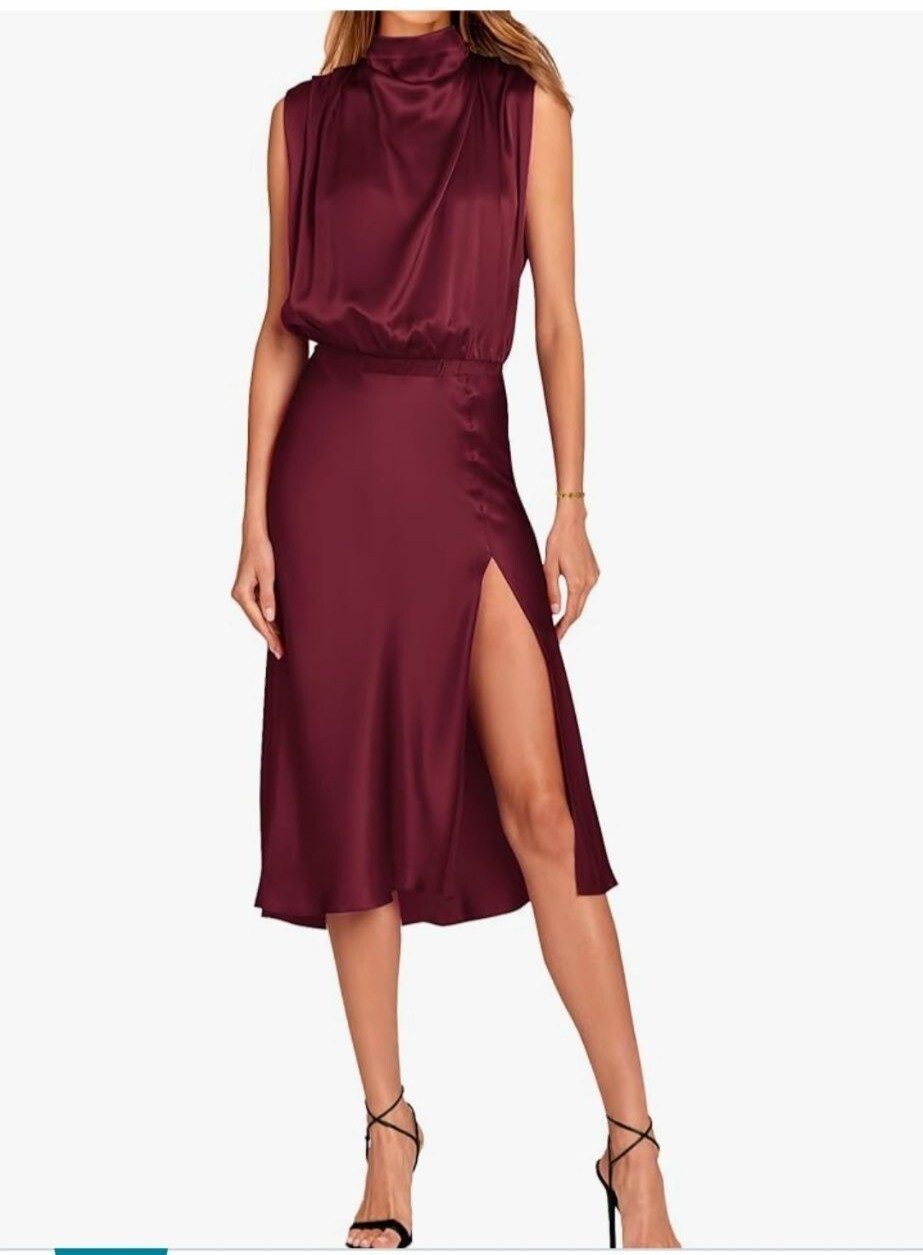 Pretty Garden Womens Med Elegant Burgundy Satin Midi Dress Tie Back Neck Formal