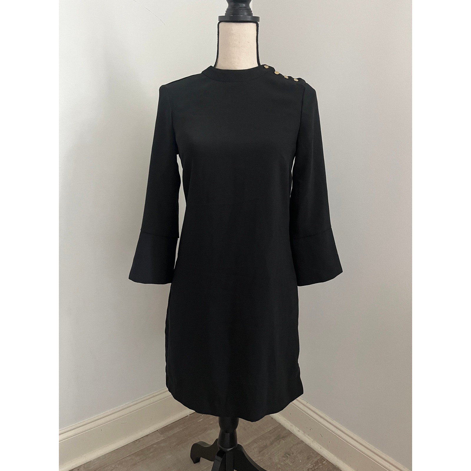 H&M Black Mock Neck Shift Dress size 2 Gold Button Bell Sleeve Office Minimalist