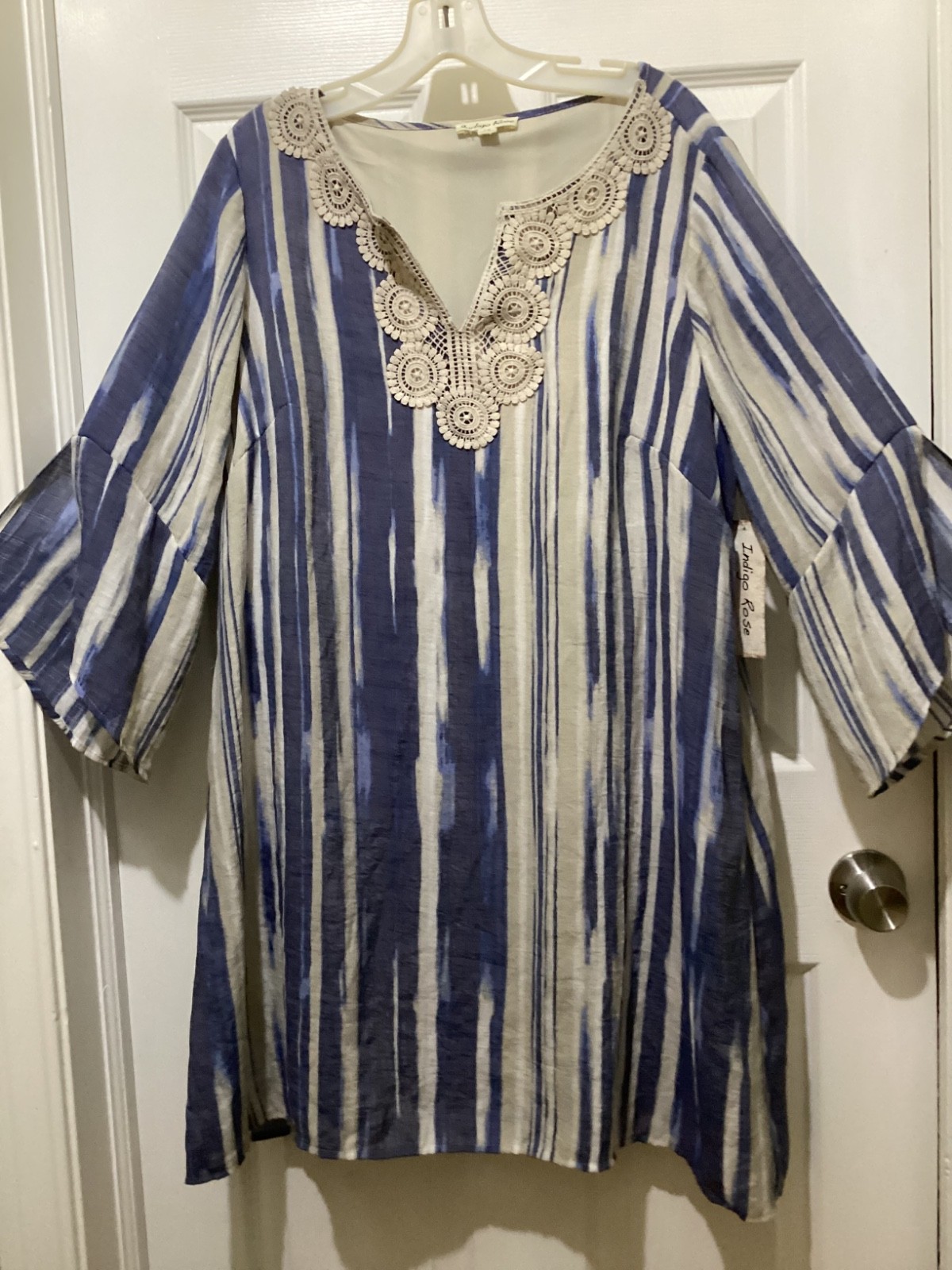Indigo Rose Boho Peasant Crochet Trim Bell Sleeve Dress Plus Size 1X~NWT