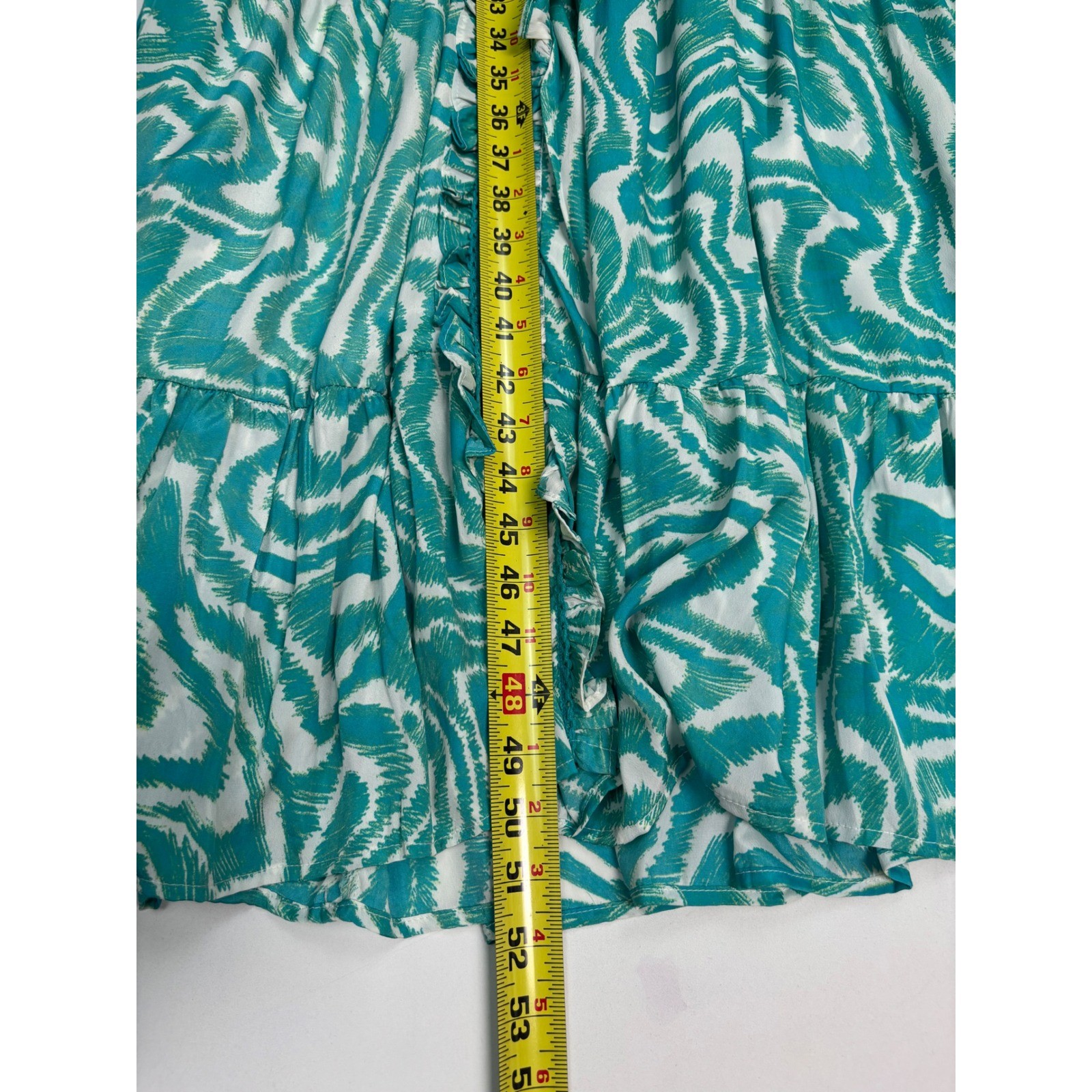 True Destinations Teal White Abstract Print Ruffle Tiered Maxi Dress Womens L