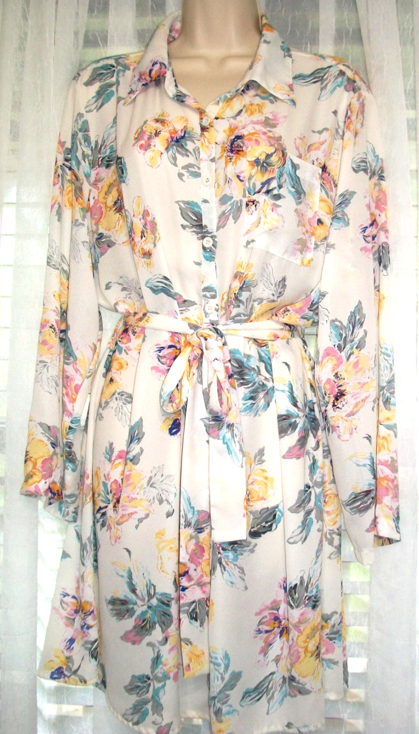 PINK CLOVE SZ 16 BUTTON FRONT LITE SUMMER FLORAL DRESS~WAIST TIE~ROLL TAB SLEEVE