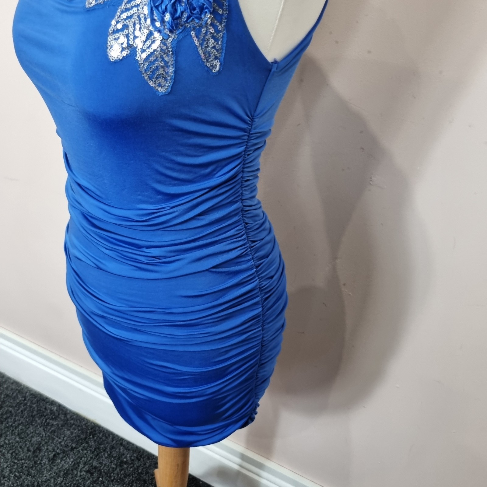 Vintage Jane Norman One Shoulder Blue Mini Ruched Dress Size 10 To 12