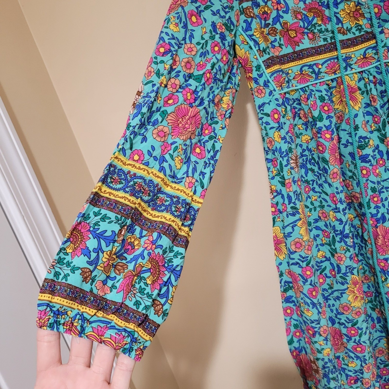 R Vivimos Turquoise Prarie Floral Print Maxi Dress boho Hippie Cottagecore Sz S
