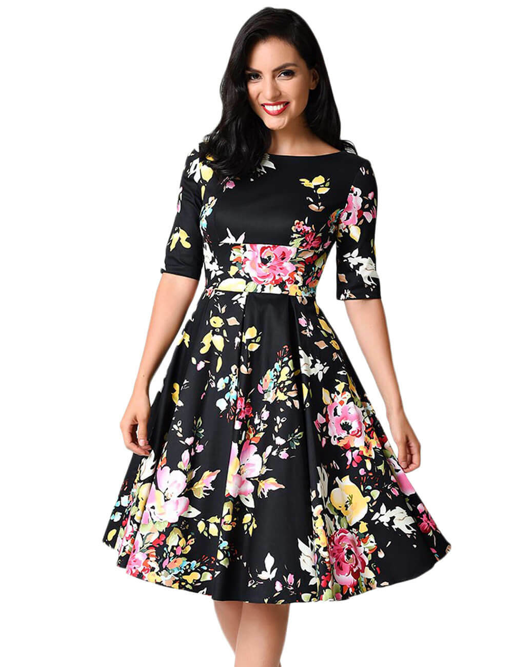 SuzanjaS Elegant Dress in Black Floral Print Round Neck Satin Pink Yellow