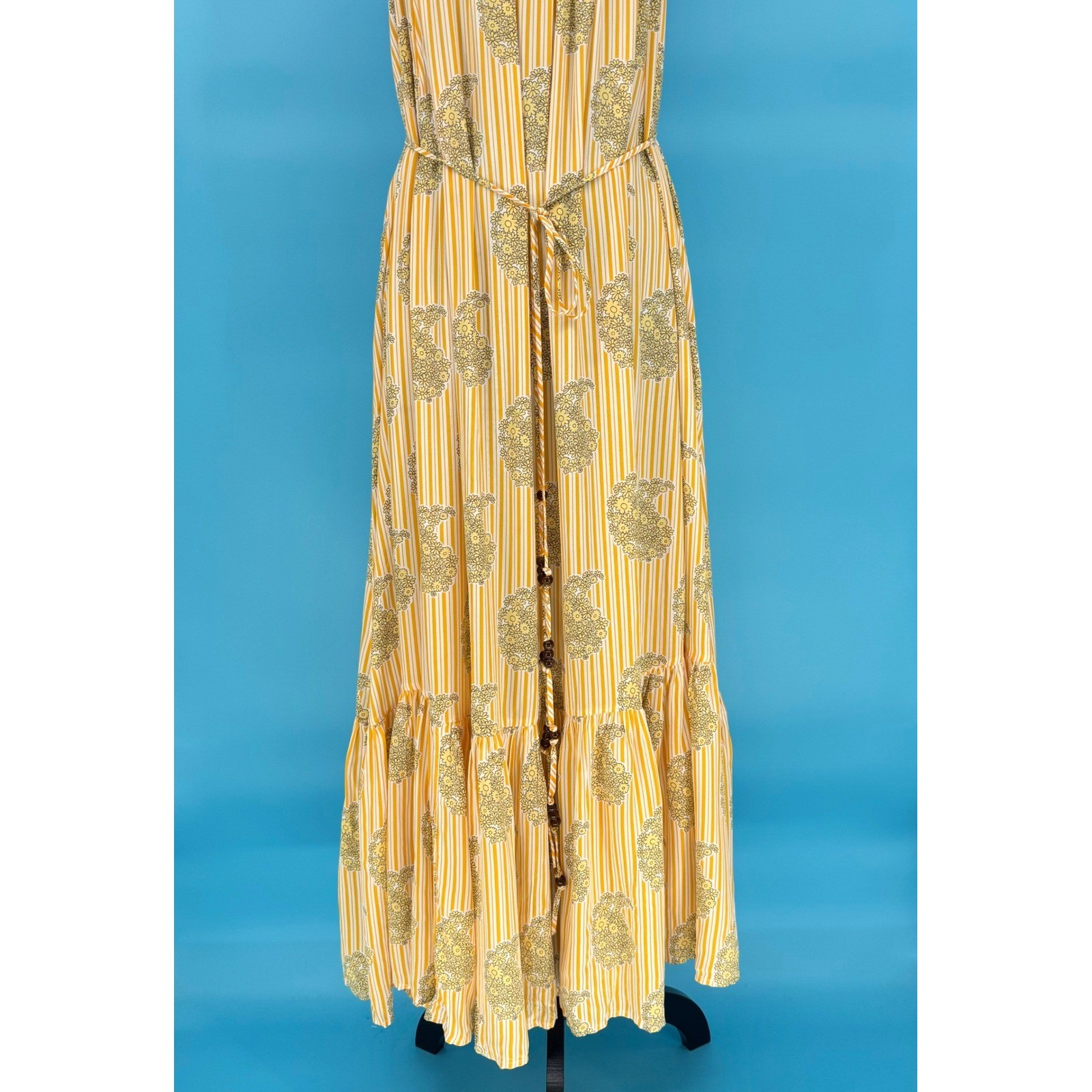 J.Crew Yellow Striped Floral Paisley Backless Maxi Dress Beaded Belt XXL Womens