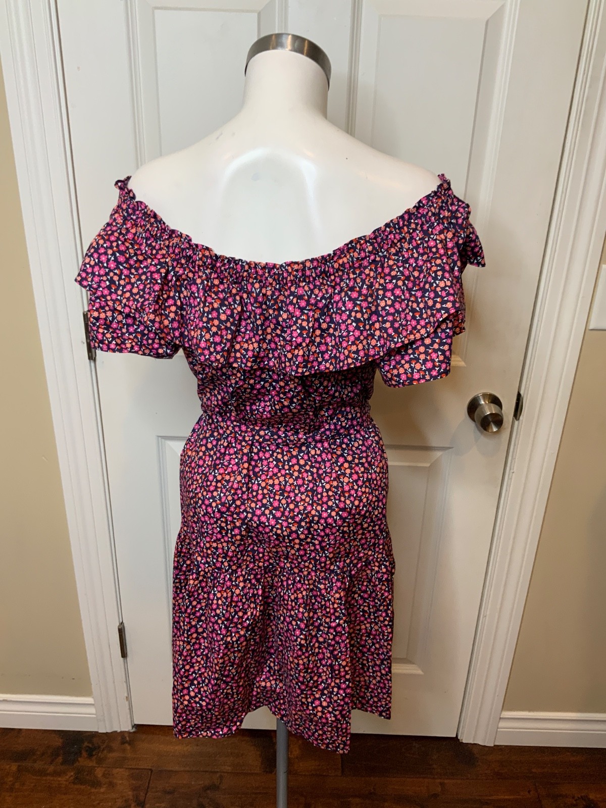 Draper James Blue Pink Poppy Ruffle Sawyer Dress, Size M