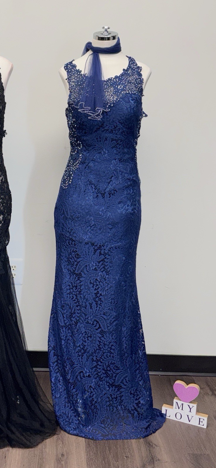 Elegant Royal Blue Lace Evening Gown- Formal Dress With Beaded Details. Size 6