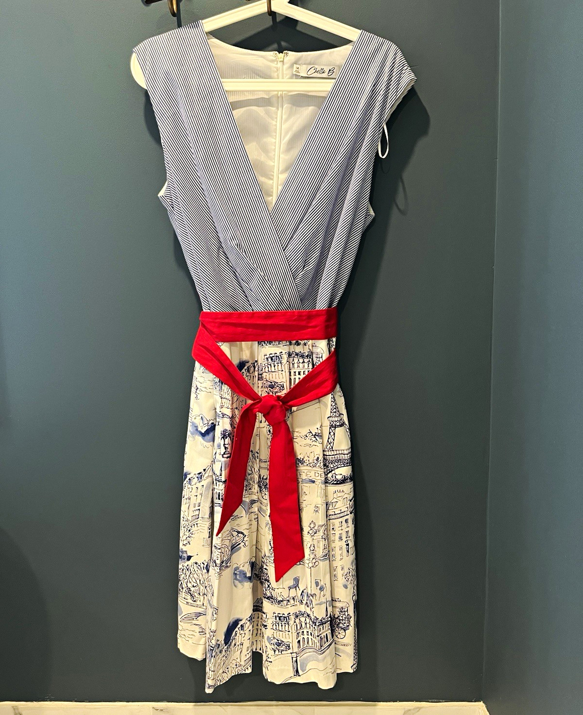 Chetta B Size 14 Blue/White Striped V-Neck A-Line Dress Red Tie Sash Zip