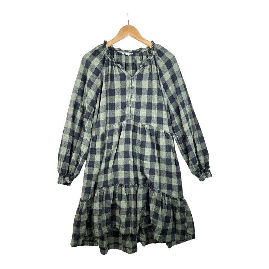 Beach Lunch Lounge Woven Peasant Mini Dress Boho Olive Black Plaids M Medium