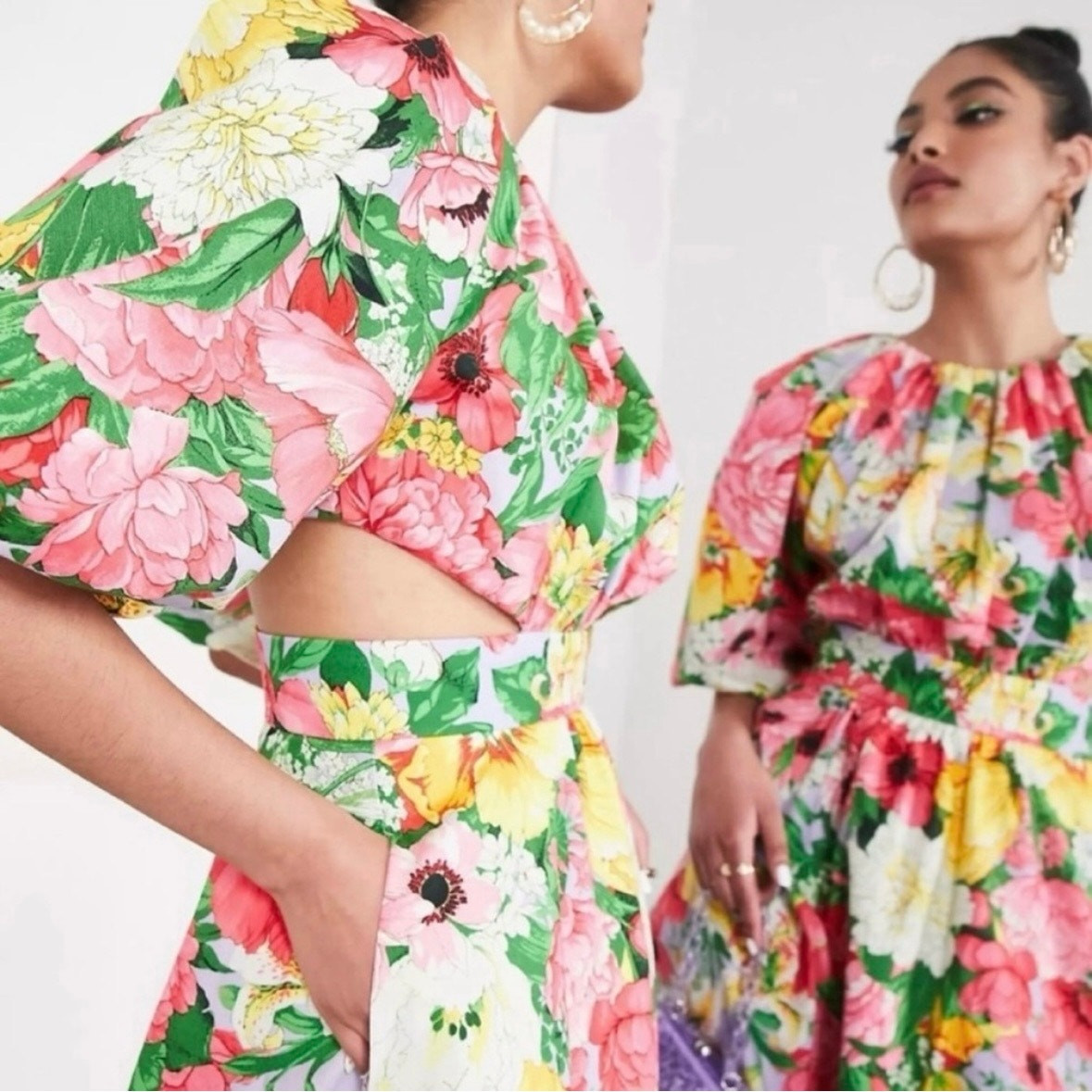 ASOS EDITION Puff Sleeve Cut Out Back Dress in Pink Floral 6