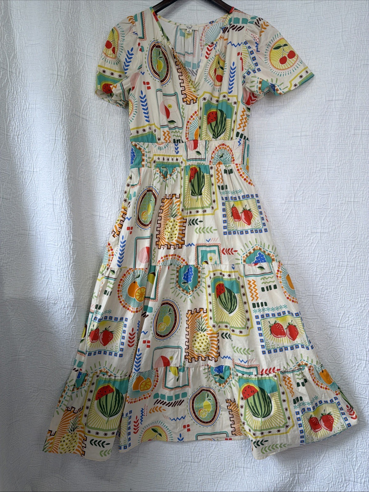 Easel Fruit Print Cotton Tiered Midi Dress Small Short Sleeve Garden Cottagecore