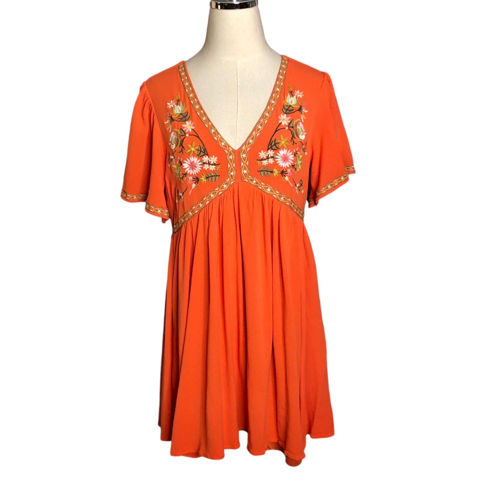 In Loom Boho Peasant Dress Medium Orange Green Embroidered Pullover Boho Tunic