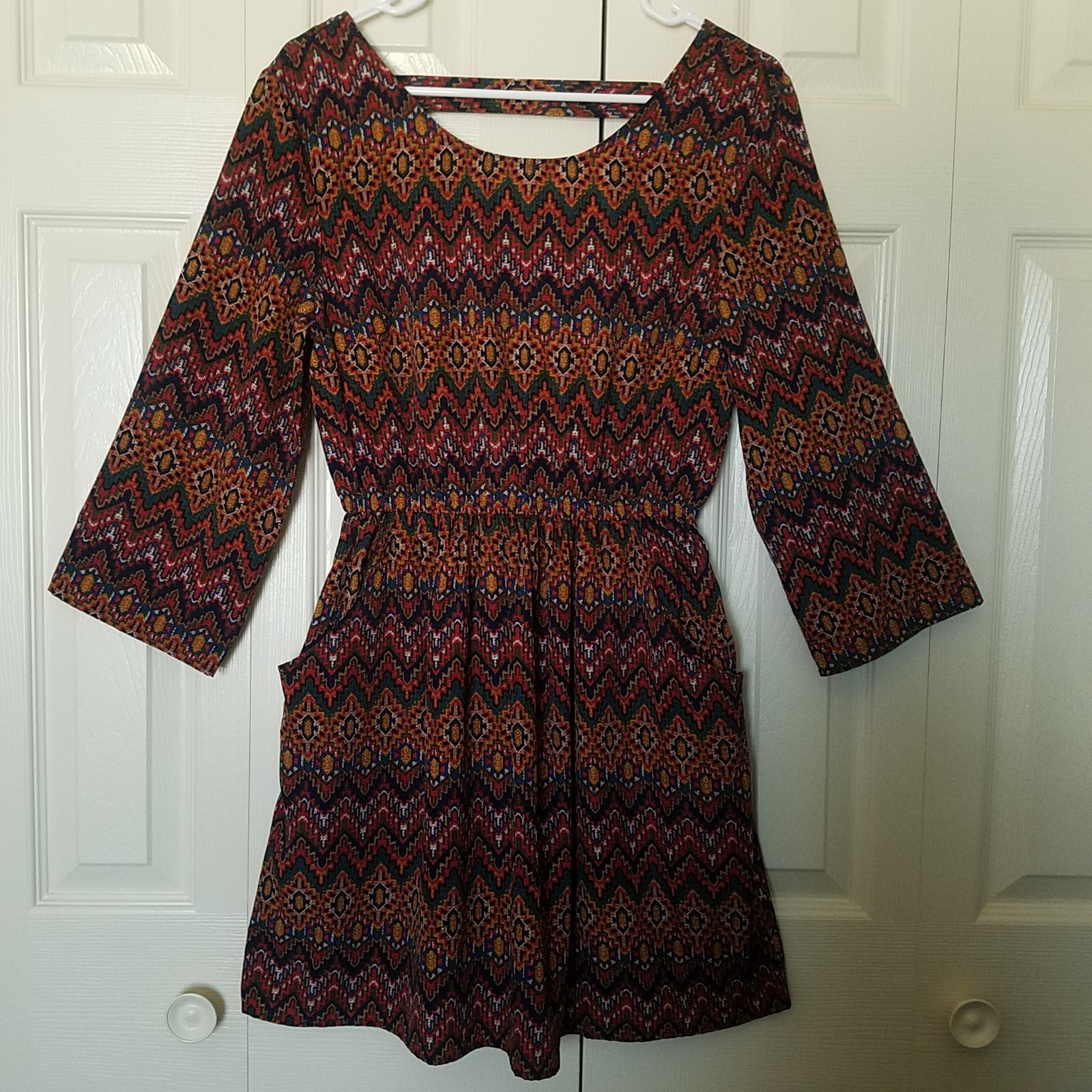 Alythea Boho Tribal Print Mini Dress Pockets Fit & Flare Aztec Festival Small