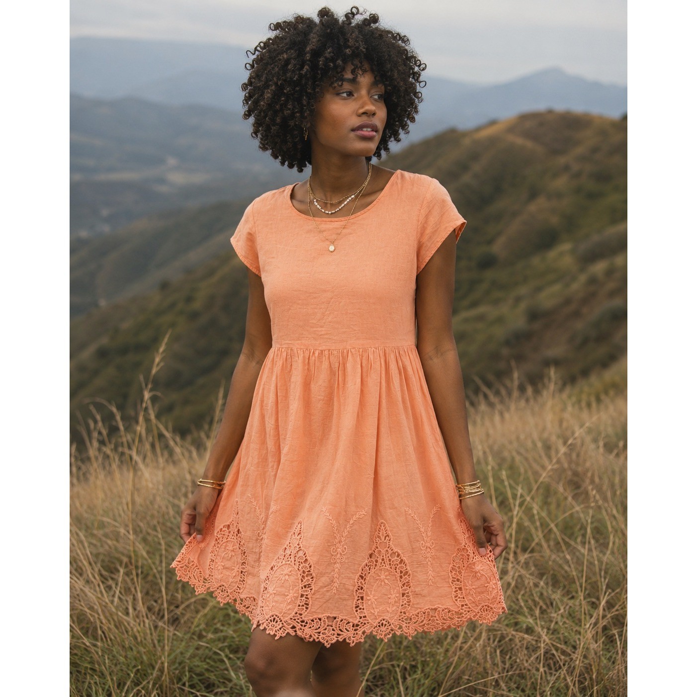 Monteau Los Angeles Peach Cotton Babydoll Dress Eyelet Lace Hem Womens Medium