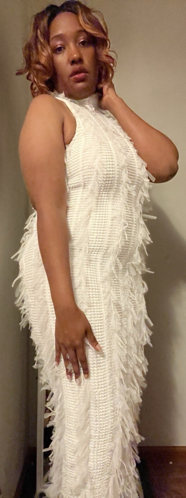Amylynn Calla High Neck White Midi Dress Medium 4