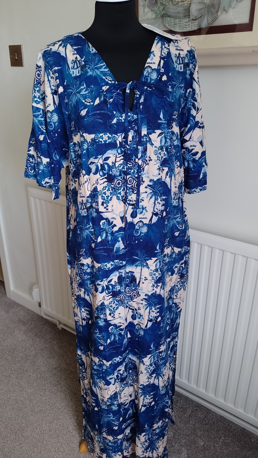 BNWT NEXT LONG LINEN BLEND MEDITERRANEAN PRINT LONG DRESS – MED -12/14.