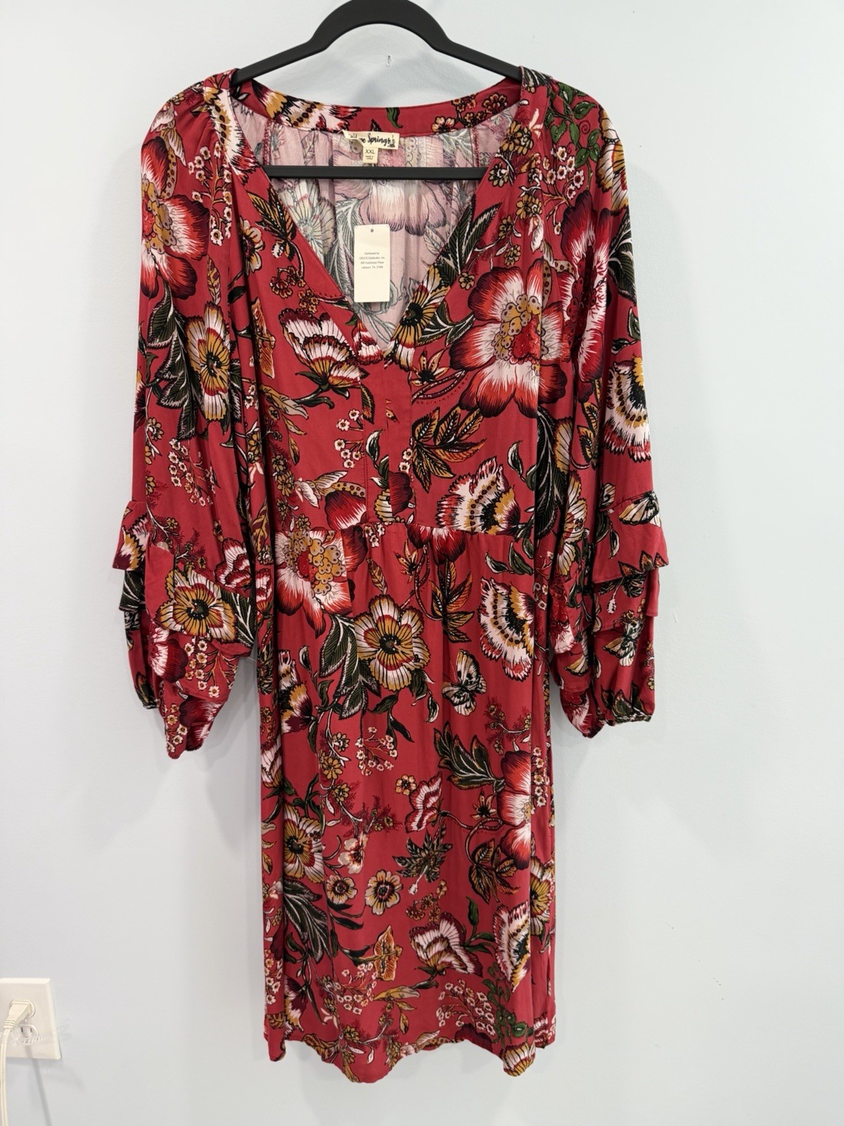 Hope Springs Red Floral Boho Midi Dress XXL Rayon Ruffle Sleeve V Neck NWT
