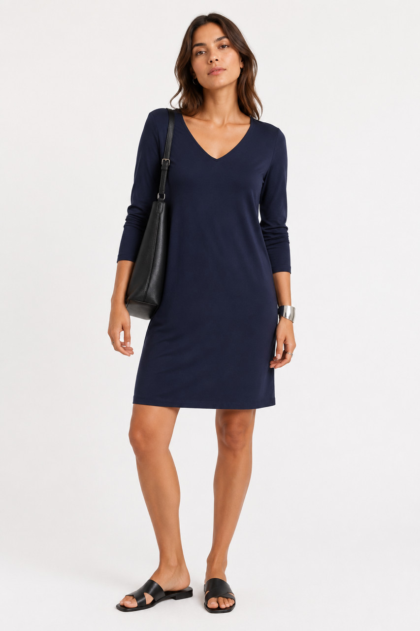 EILEEN FISHER Navy V-Neck 3/4 Sleeve Viscose Jersey Knit Shift Dress S = 6/8