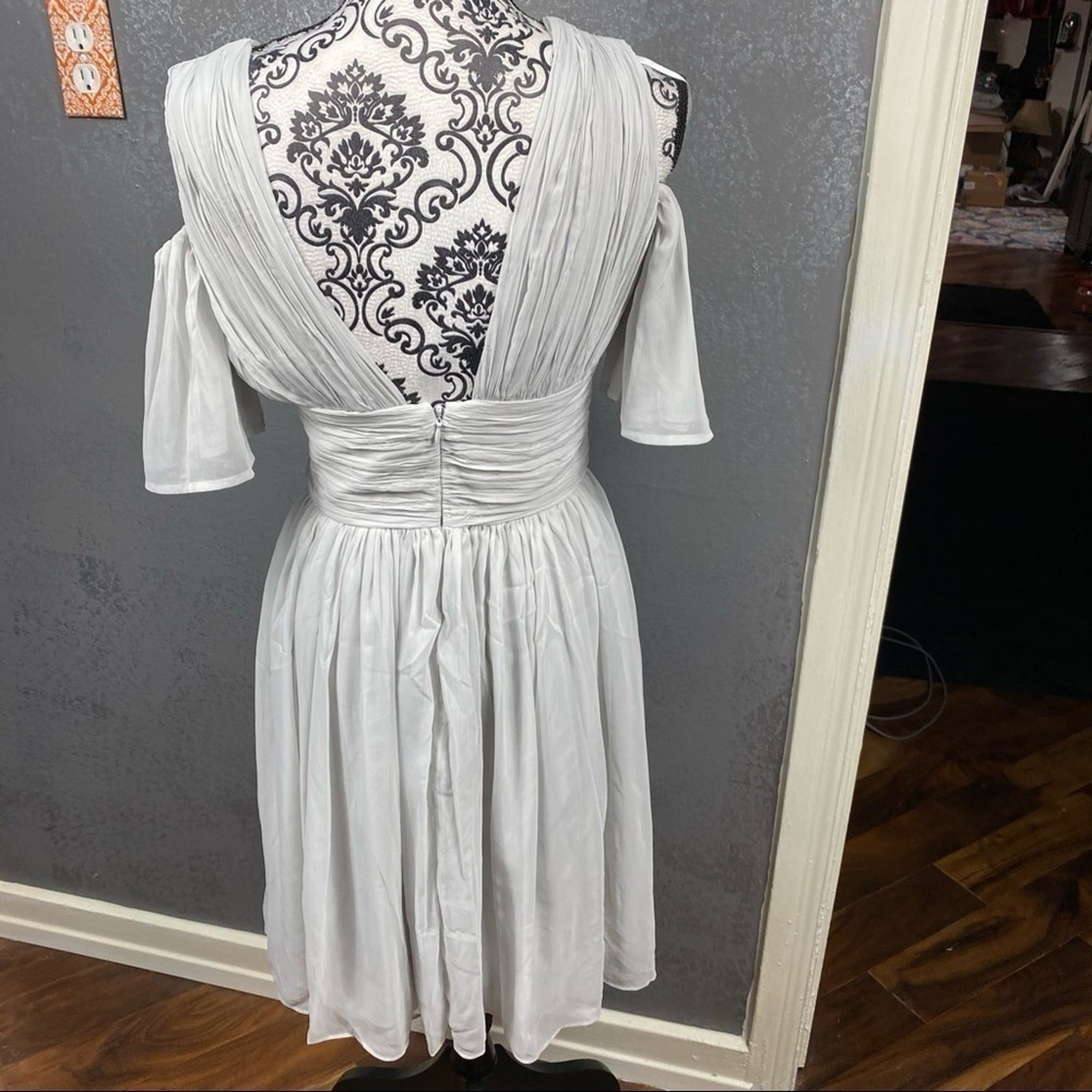 French Connection Constance Draped Cold Shoulder Dress | Light Gray | Size 4