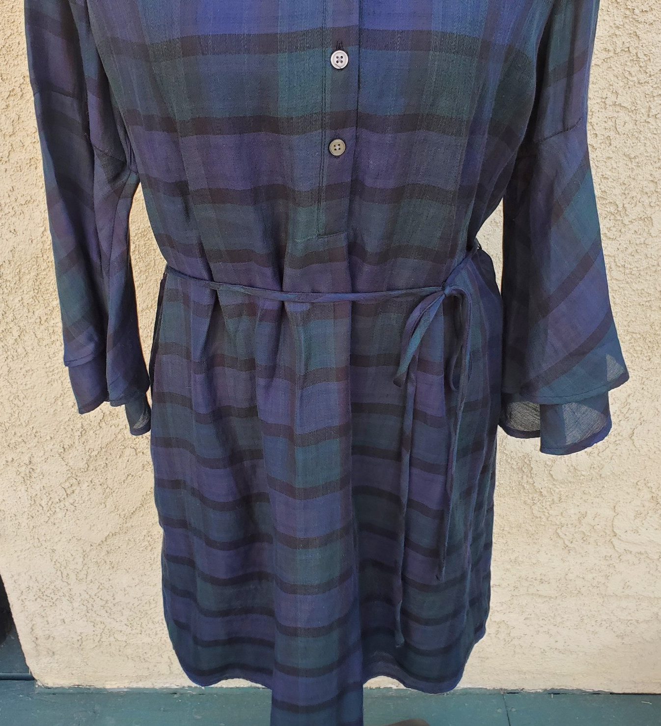 LOFT Plaid 3/4 Ruffle Sleeve Button Tie Front Rayon Shirt Dress Women’s Sz S