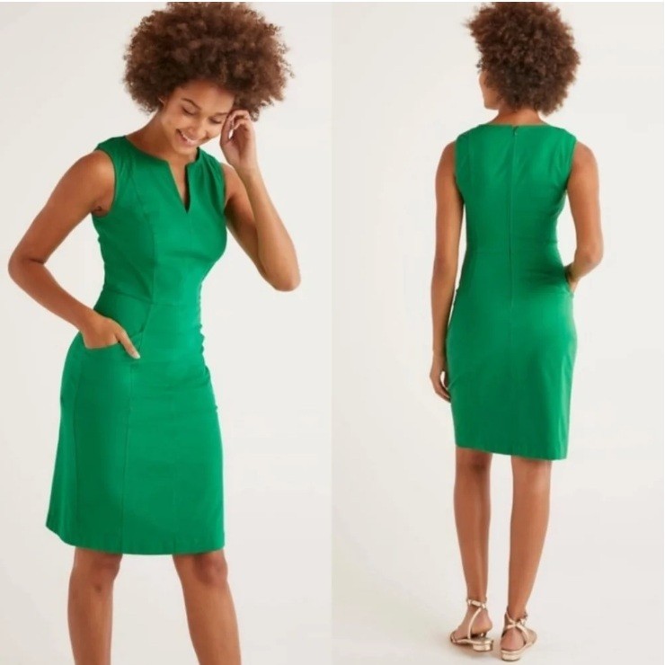 BODEN Helena Cotton Chino Sheath Dress Sz 8L Green Pockets Sleeveless Notch Neck