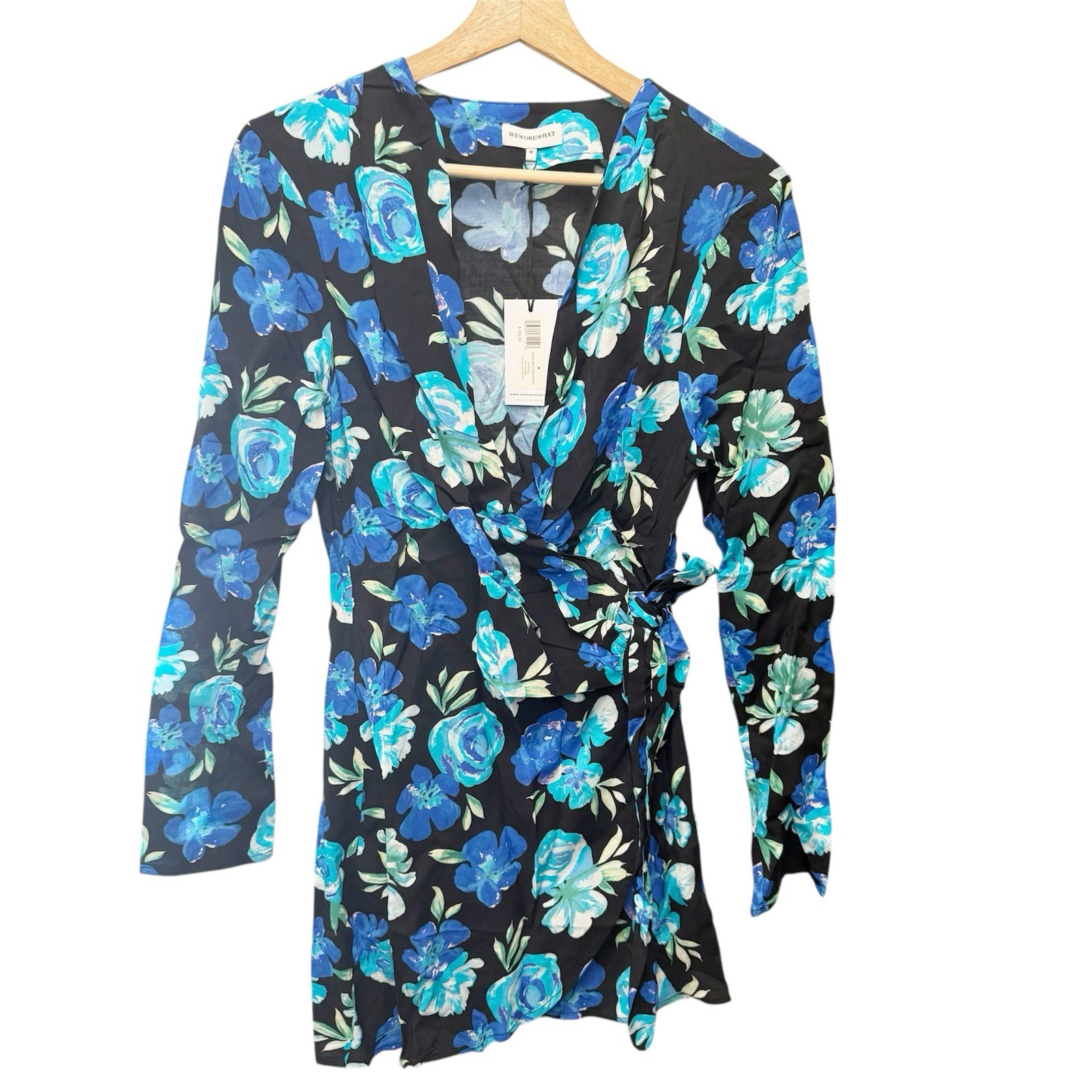 NWT WeWoreWhat Blue Black Cowl Neck Wrap Mini Dress, Size Medium