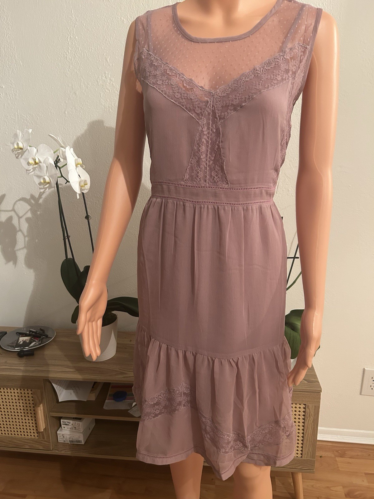Lucky Brand Purple Solid Lace Sheer A-Line Knee Dress Round Neck Sleeveless XL