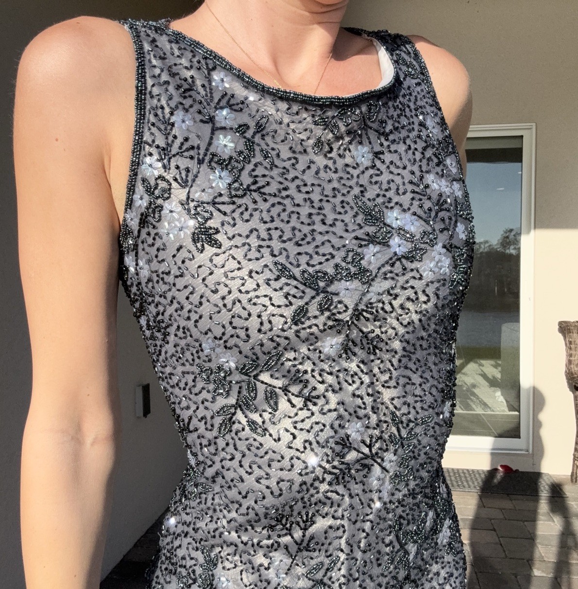 Y2K 2000s Silver Blue Floral Beaded Gown Stenay Size 8 m