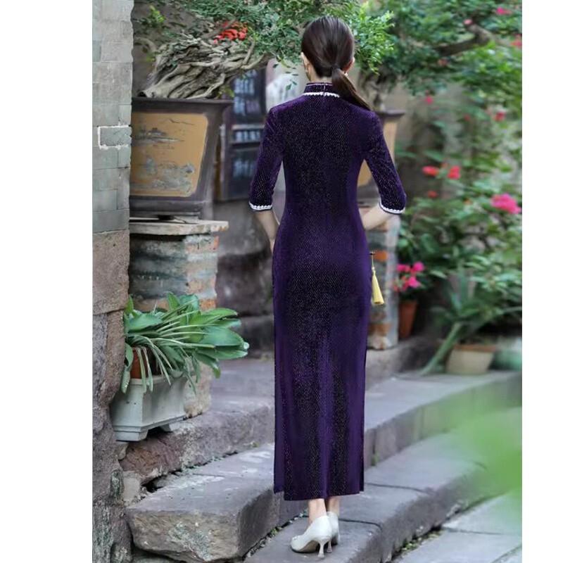 Young Lady Improved Cheongsam Split Shining Dress Long Velvet Qipao ChineseStyle