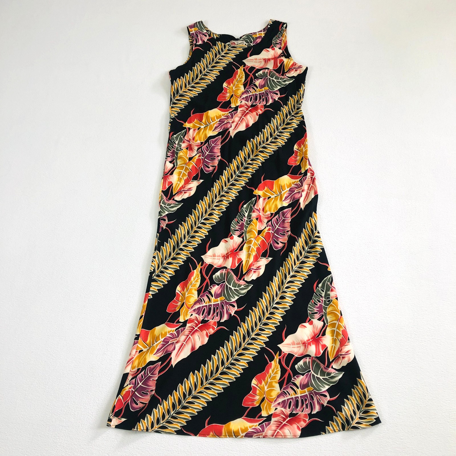 Hilo Hatties Hawaiian Dress Bias-cut Sheath Maxi Sleeveless Size M Floral Black