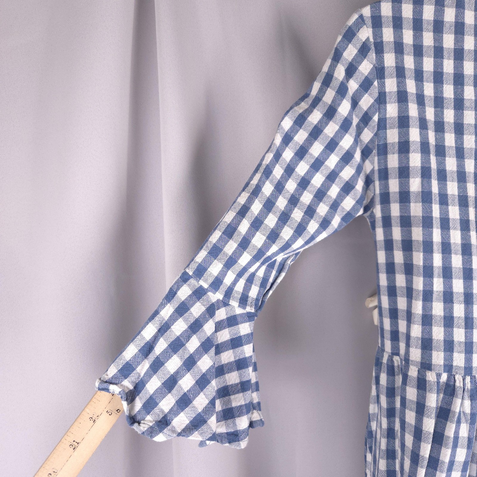 Blue Gingham Check Fit Flare Midi Dress Womens S Ruffle Bell Sleeve Cottagecore