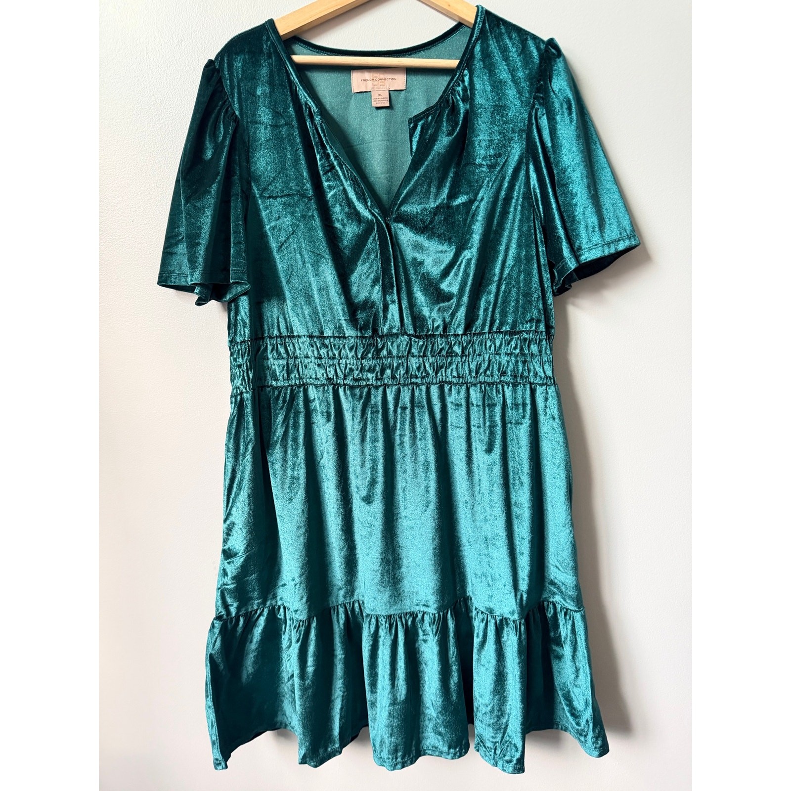 French Connection Velvet Dress Green Emerald Teal Smocked Waist Mini XL