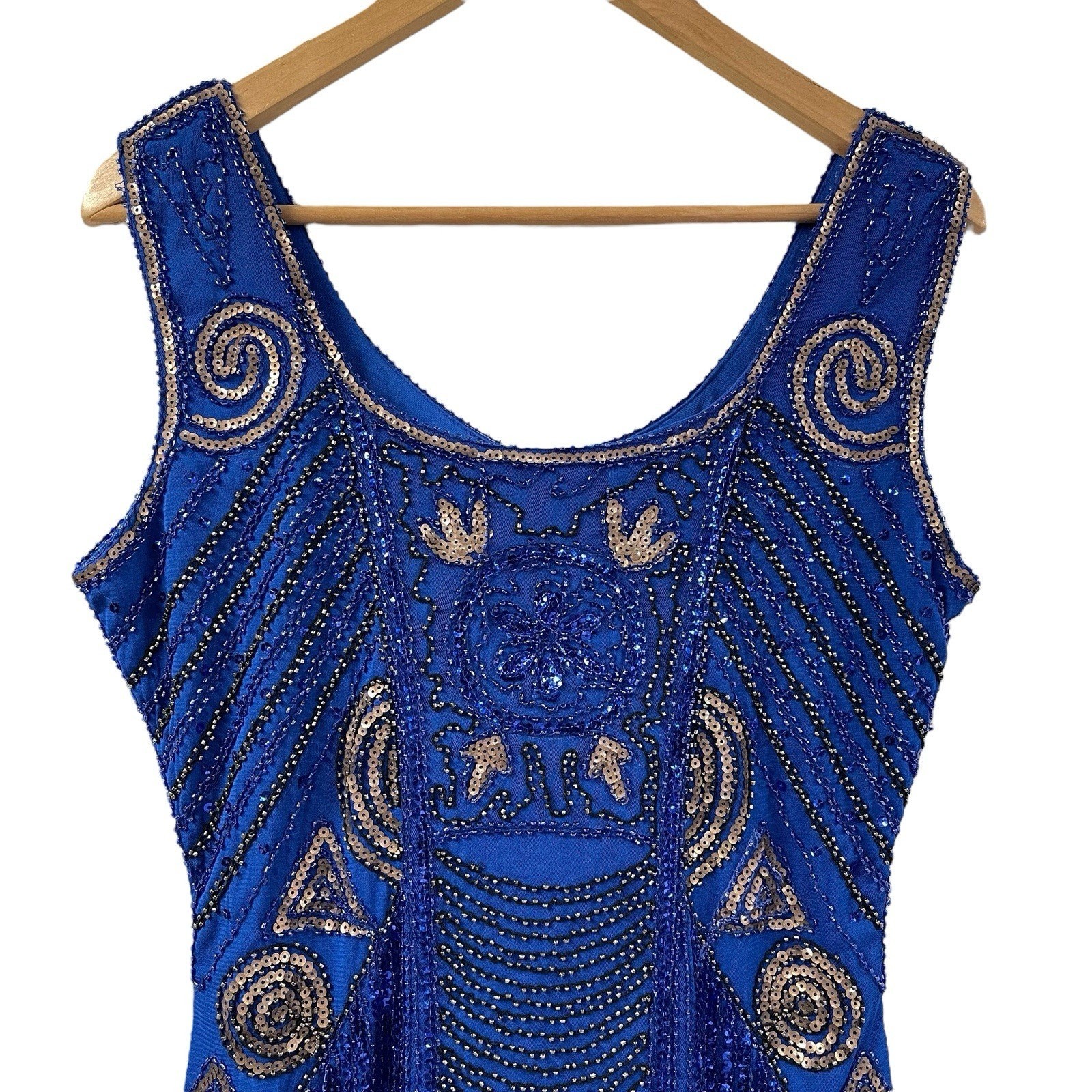 Royal Blue Beaded Sequin Fringe Mini Dress S Unique Vintage Ornate Gatsby