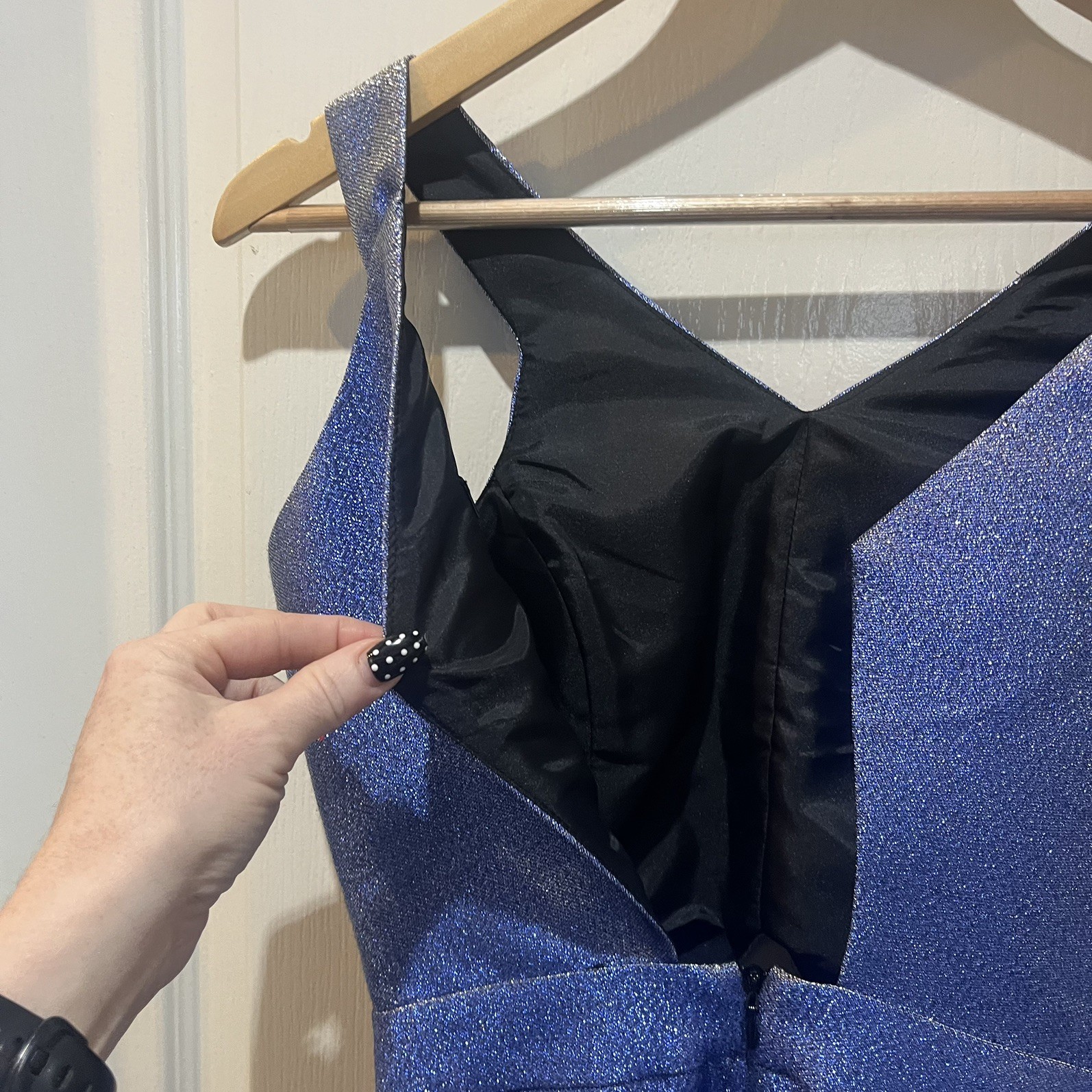 MISS SELFRIDGE – Size 6 UK – BLUE METALLISED SPARKLY cut out DRESS rrp was £55