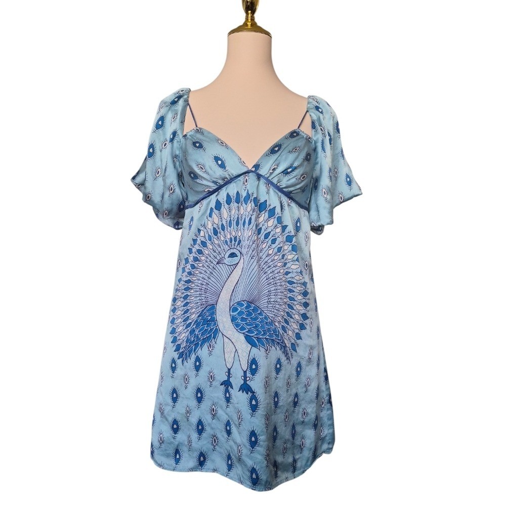 Voom by Joy Han 100% Silk Peacock Dress Size S Blue Puff Sleeve Made USA