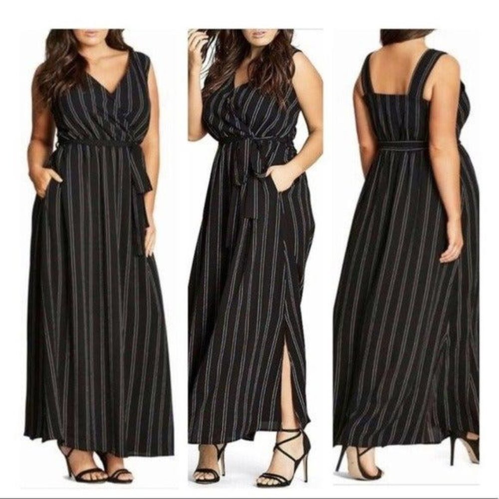 City Chic Black Maxi Pin Stripe Dress Sleeveless V-Neck Belted Plus Size L 20