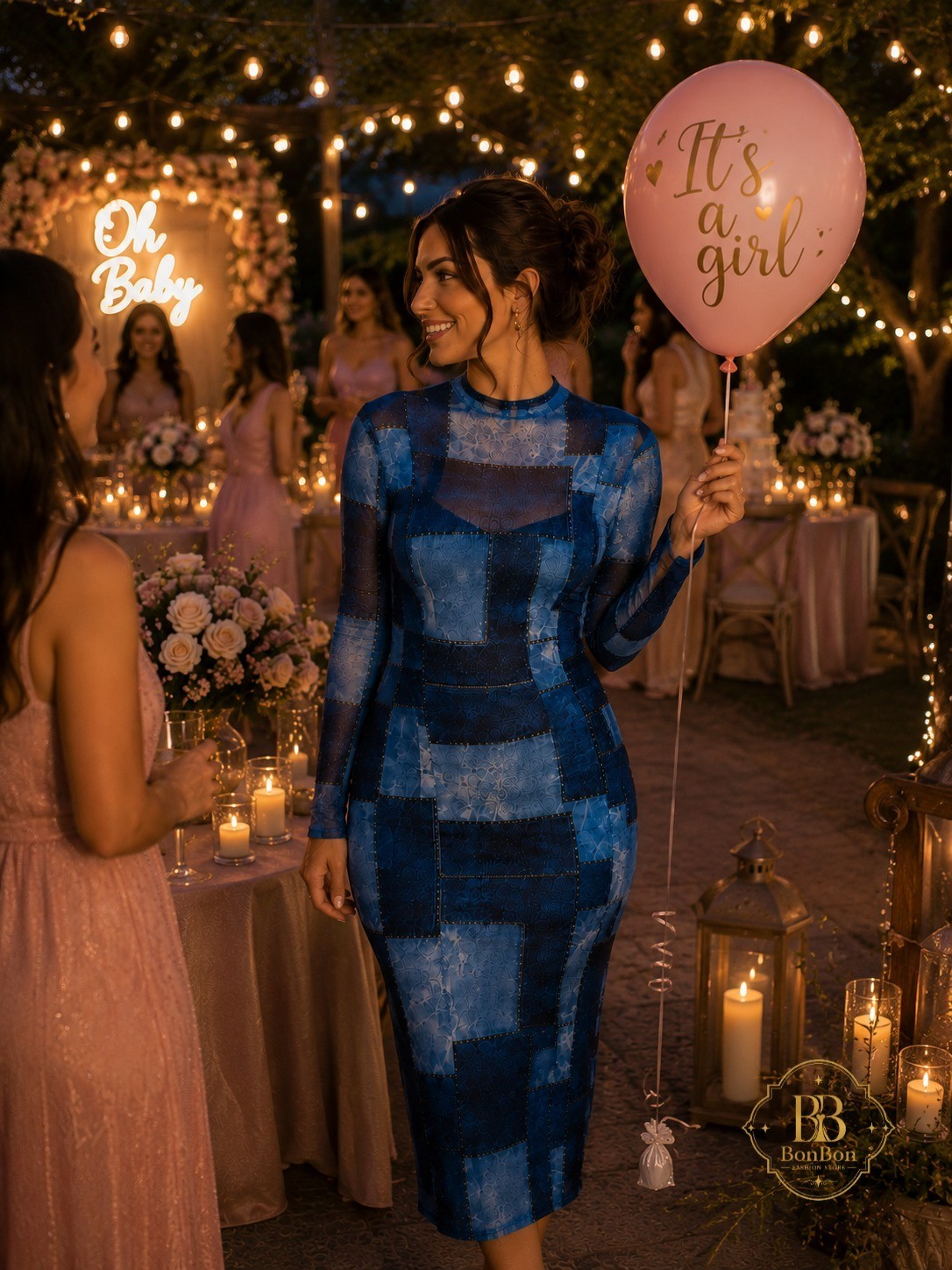Blue Patchwork Mesh Maxi Dress | Elegant Long Sleeve Bodycon Evening Dress