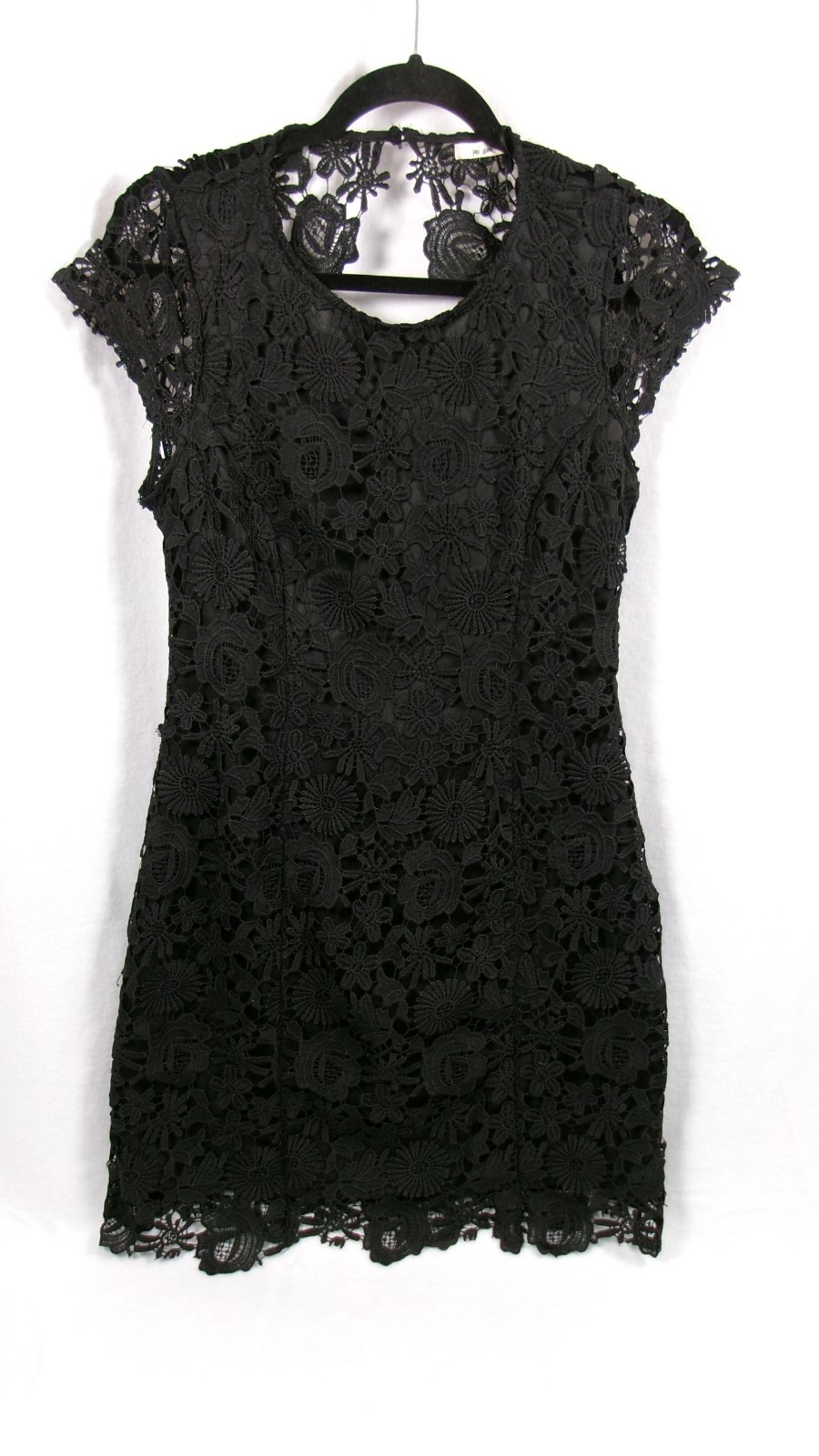 Francesca’s Mi Ami Black Lace Floral Dress Size L Cap Sleeve Open Back