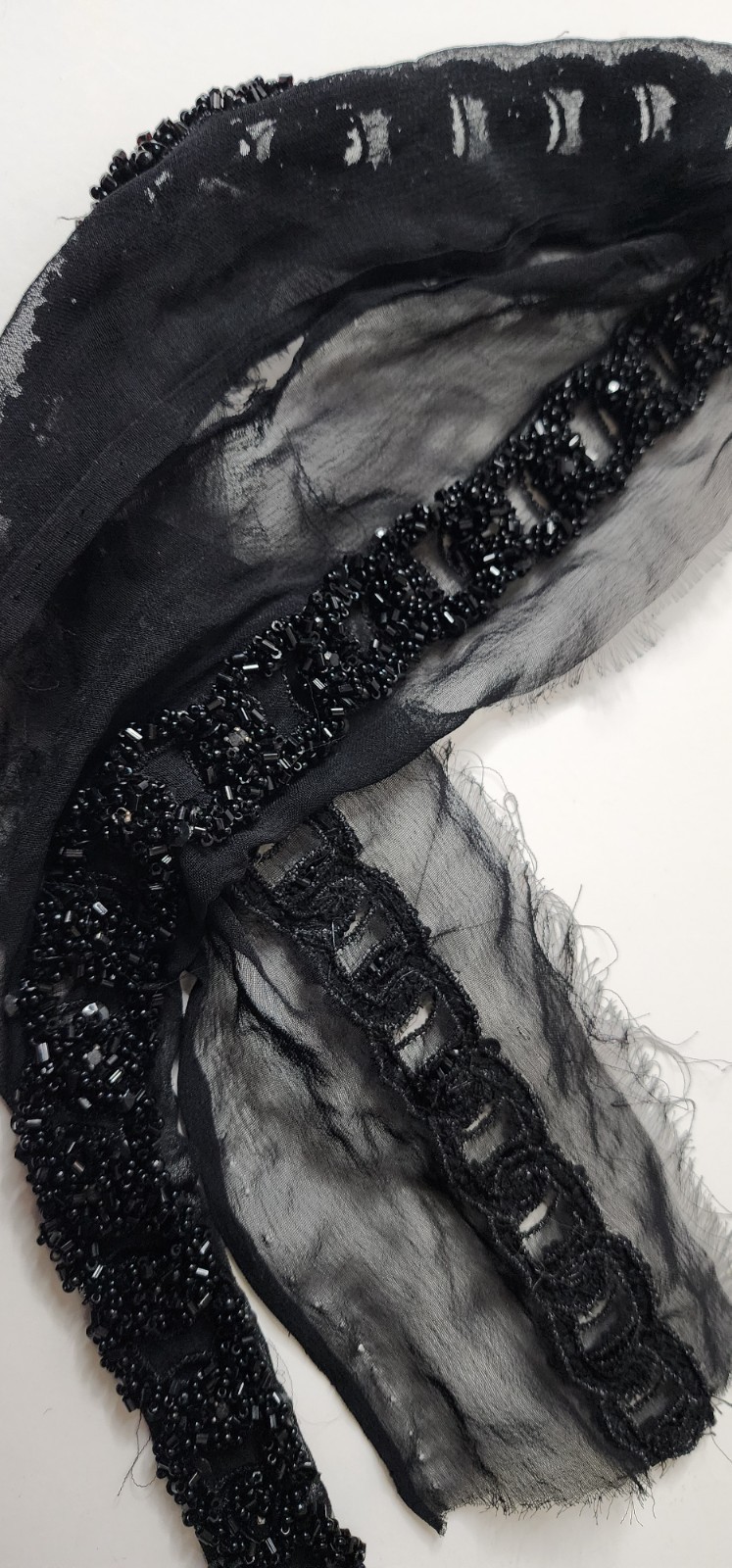 Handmade Custom Designer Black Beaded Lace Trim on Sheer Silk – 33″ Couture