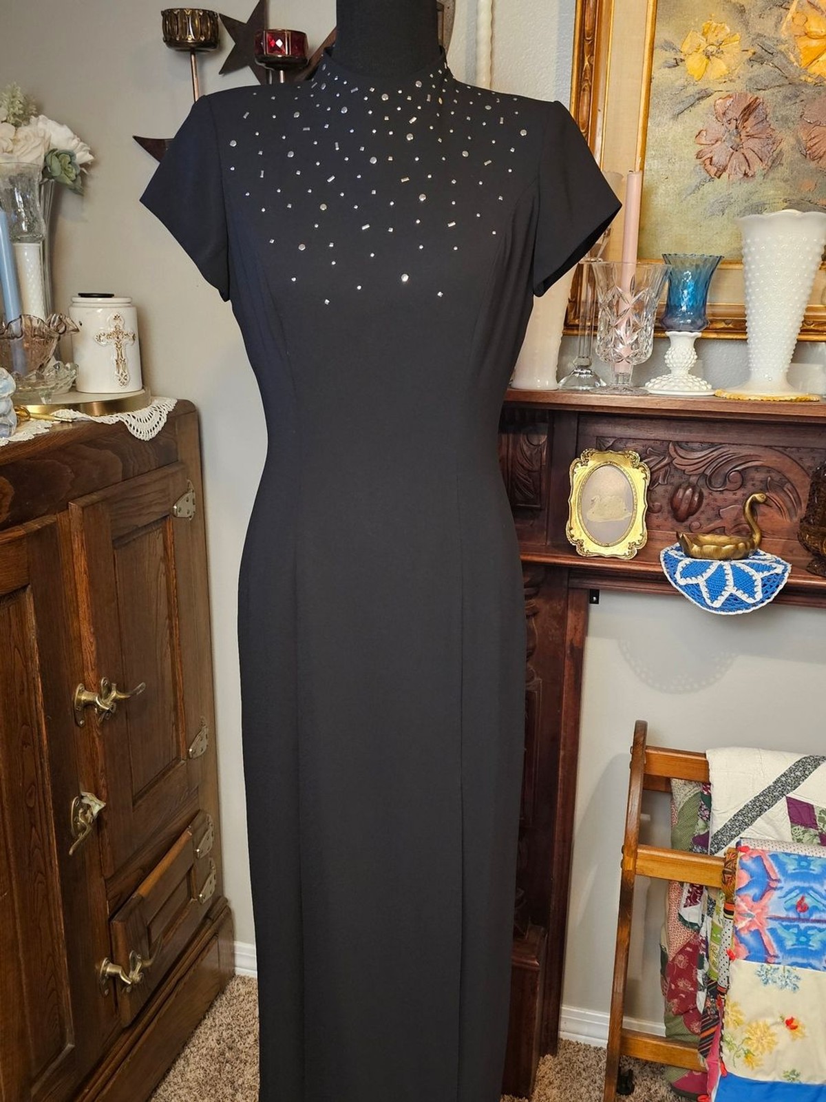 Vintage David Warren Black Beaded Mock Neck Midi Dress 90s Goth Size 4