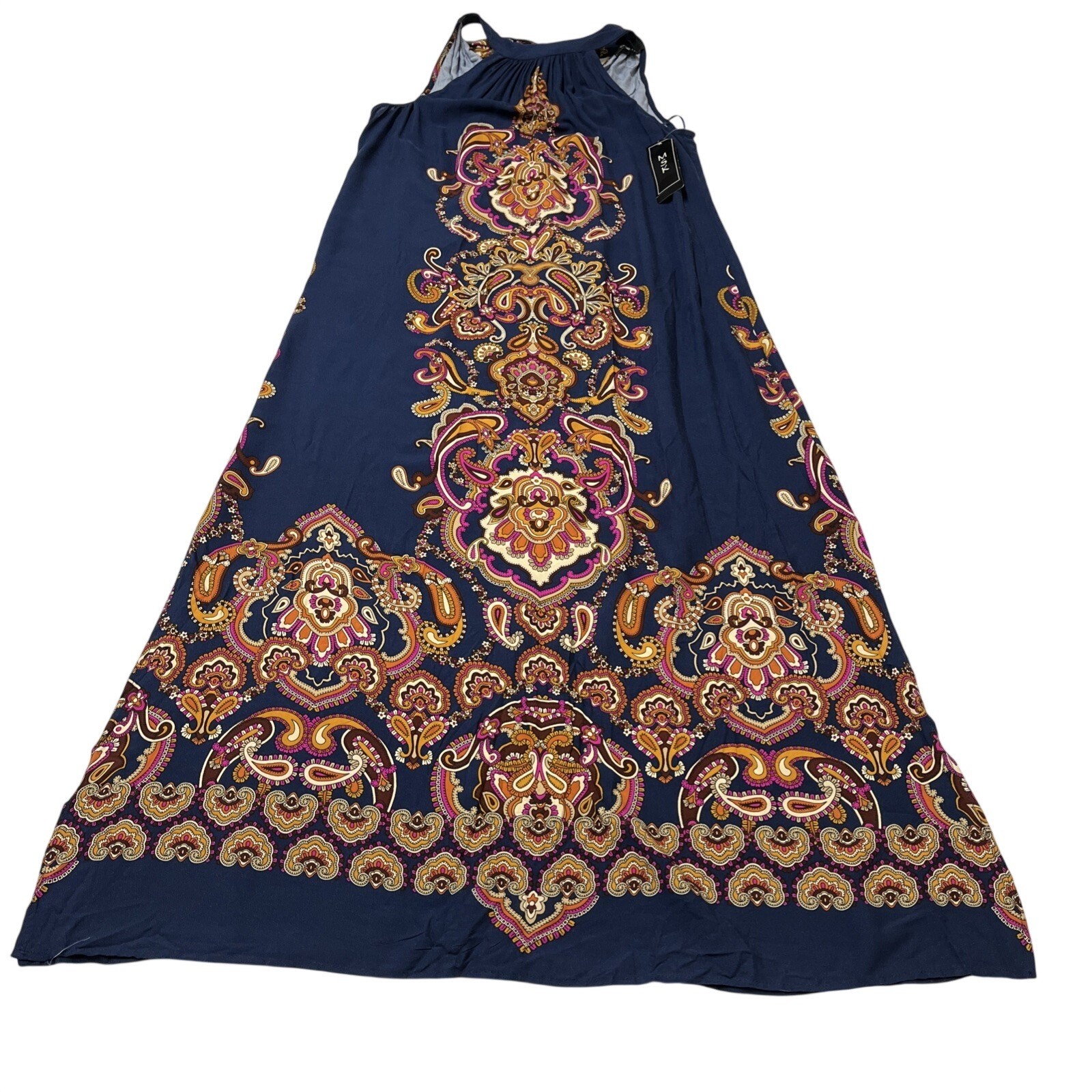 MSK Dress Blue Paisley Maxi Size M Sleeveless High Tie Neck Keyhole Back Summer